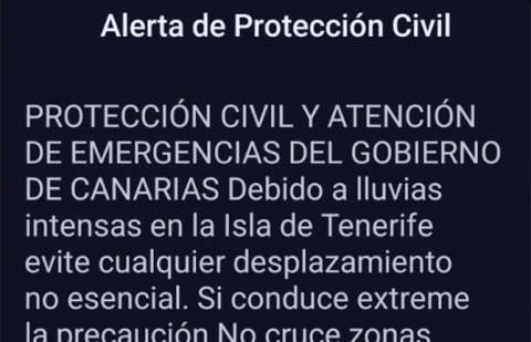Canarias emite un aviso ES-Alert por lluvias intensas en Tenerife y pide limitar movilidad
