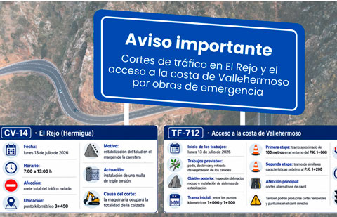 El Cabildo informa de cortes de tráfico en El Rejo y el acceso a la costa de Vallehermoso por obras de emergencia