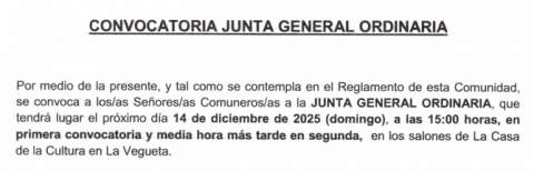 Convocatoria Junta General de la Comunidad de Regantes de Vallehermoso