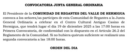 Convocatoria de Junta General de la Comunidad de Regantes de Hermigua